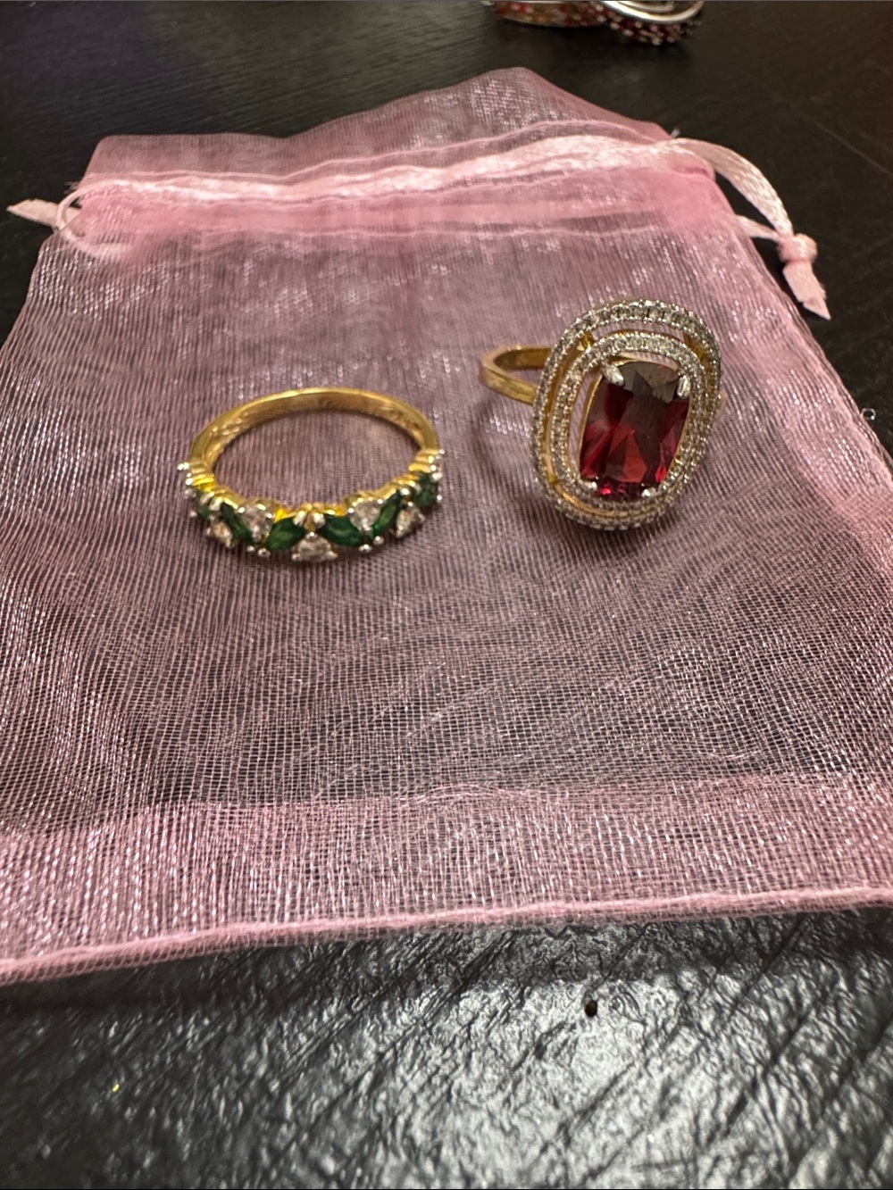 Gold Rings with Red Center Stone and Green Accents costume jewelry